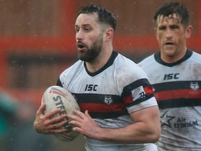 Bob Beswick of the Toronto Wolfpack runs against Dewsbury Rams in Betfred Championship play on Sunday, March 3, 3019. The rugby league game was the 400th of Beswick's career. (THE CANADIAN PRESS/HO-Toronto Wolfpack-Stephen Gaunt)