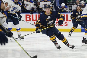 Buffalo Sabres forward Alexander Nylander (92) skates during the third period of the team’s NHL hockey game against the St. Louis Blues, Sunday, March 17, 2019, in Buffalo, N.Y. (AP Photo/Jeffrey T. Barnes)