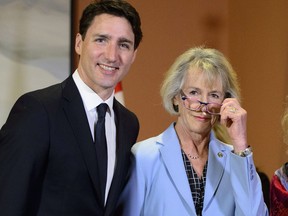 Prime Minister Justin Trudeau stands with Joyce Murray after being sworn in a Treasury Board President during a cabinet shuffle at Rideau Hall in Ottawa on Monday, March 18, 2019. THE CANADIAN PRESS/Sean Kilpatrick ORG XMIT: SKP103