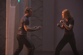 Jude Law and Brie Larson in a scene from Captain Marvel. (Marvel Studios)