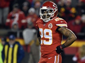In this Dec. 13, 2018, file photo, Kansas City Chiefs defensive back Eric Berry pauses during the first half of an NFL football game against the Los Angeles Chargers in Kansas City, Mo.