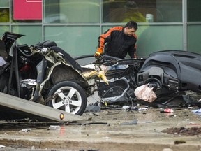 A car was torn apart following single car fatal collision along Lakeshore Rd E. near Stavebank Rd. in Mississauga, Ont. on Saturday, March 30, 2019. (Ernest Doroszuk/Toronto Sun/Postmedia)
