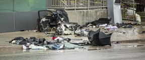 A car was torn apart following single car fatal collision along Lakeshore Rd E. near Stavebank Rd. in Mississauga, Ont. on Saturday, March 30, 2019. (Ernest Doroszuk/Toronto Sun/Postmedia)