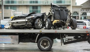 A car was torn apart following single car fatal collision along Lakeshore Rd E. near Stavebank Rd. in Mississauga, Ont. on Saturday, March 30, 2019. (Ernest Doroszuk/Toronto Sun/Postmedia)