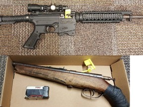 Guns seized during an arrest in Whitby on March 10, 2019.