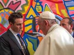 Toronto artists Daniel Mazzone meets Pope Francic at the Vatican after donating one of his arts works for a children's charity founded by the Pope. (supplied photo)