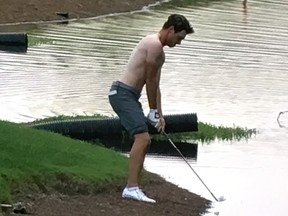 Drew Nesbitt playing shirtless at the PGA Tour's Honda Classic on Friday.