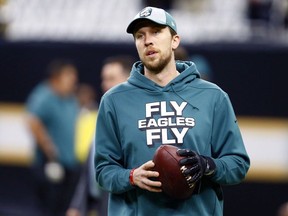 In this Jan. 13, 2019, file photo, Philadelphia Eagles quarterback Nick Foles warms up before an NFL divisional playoff football game against the New Orleans Saints in New Orleans.