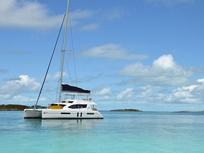 The “FatBoy,” the 5800 Master yacht catamaran offered by the Moorings, sitting just outside Allen Cay.