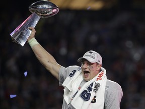 In this Feb. 1, 2015, file photo, New England Patriots tight end Rob Gronkowski celebrates after the Patriots defeated the Seattle Seahawks in the NFL Super Bowl football game in Glendale, Ariz. (AP Photo/Matt Rourke, File)