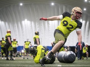 Vincent Desjardins of Quebec City takes part in on field tests during the CFL combine in Toronto, Sunday March 24, 2019.