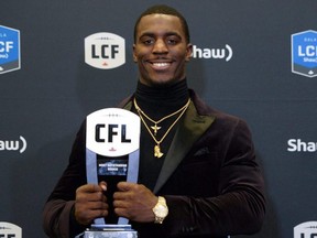 Toronto Argonauts running back James Wilder Jr., recipient of the Most Outstanding Rookie award, poses backstage at the CFL awards in Ottawa on Thursday, Nov. 23, 2017.  THE CANADIAN PRESS/Nathan Denette