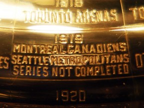 The 1919 entry on the 
Stanley Cup showing that there was no winner due to a flu pandemic. DAVE THOMAS/SUN FILE