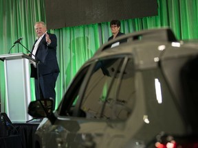 Premier Doug Ford speaks during the official launch of the new Toyota Rav 4 production line at the company's plant in Cambridge, Ont., on Friday, March 29, 2019.(THE CANADIAN PRESS/ Geoff Robins)