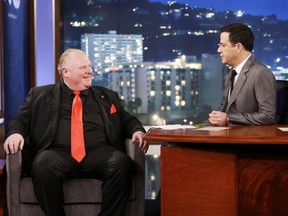 This March 3, 2014, image released by ABC shows Toronto Mayor Rob Ford, left, with host Jimmy Kimmel on the late night talk show "Jimmy Kimmel Live" in Los Angeles, California.