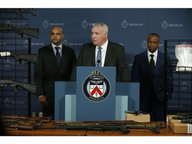 Toronto Police Insp. Joe Matthews of the Integrated Guns and Gangs Task Force speaks about seizure of four kilos of heroin, a quantity of cocaine, seven handguns, three shotguns and six rifles. Hewan Wilson, 51, of Mississauga has been charged on Wednesday March 6, 2019. Jack Boland/Toronto Sun/Postmedia Network