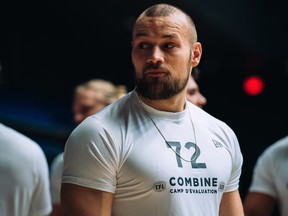 Thiadric Hansen during the CFL combine at the Goldring Centre in Toronto, Saturday, March 23, 2019. (Johany Jutras/CFL)
