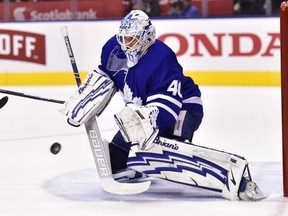 Toronto Maple Leafs goaltender Garret Sparks (40) makes a save against the Chicago Blackhawks during third period NHL hockey action in Toronto on Wednesday, March 13, 2019. THE CANADIAN PRESS/Frank Gunn