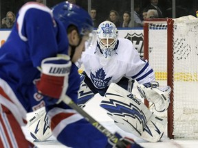 Toronto Maple Leafs goaltender Garret Sparks, right, protects the net during the second period against the New York Rangers on Sunday, Feb. 10, 2019.