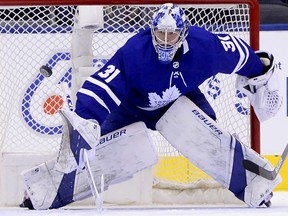 Toronto Maple Leafs goaltender Frederik Andersen (31) keeps his eye on the puck during second period NHL hockey action against the New York Rangers, in Toronto on Saturday, March 23, 2019. THE CANADIAN PRESS/Frank Gunn