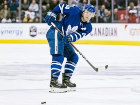 Toronto Maple Leafs defenceman Morgan Rielly (44) passes the puck in second period NHL hockey action against the Buffalo Sabres, in Toronto on Saturday, March 2, 2019. THE CANADIAN PRESS/Christopher Katsarov