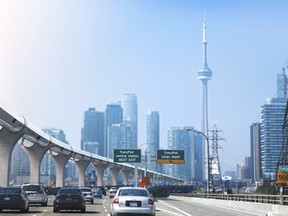 An artist rendering shows the Transpod Hyperloop transit system along the Gardiner Expressway in Toronto in this undated handout photo. (THE CANADIAN PRESS/HO)