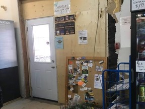 The damaged storefront of Cristello’s Country Market west of Milton, Ont.