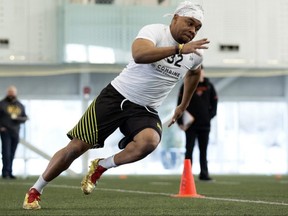 Jamirr Holland takes part in the 2019 Western Regional Combine at Commonwealth Field House, in Edmonton on Monday, March 11, 2019.