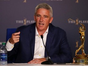 PGA TOUR Commissioner Jay Monahan speaks to the media during a practice round for The Players Championship on The Stadium Course at TPC Sawgrass in Ponte Vedra Beach, Fla., on Wednesday, March 13, 2019.