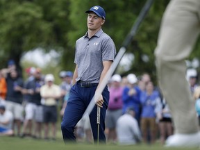 Jordan Spieth reacts to missing a putt during round-robin play at the Dell Technologies Match Play Championship golf tournament, Friday, March 29, 2019, in Austin, Texas. (AP Photo/Eric Gay)