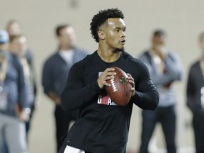 Oklahoma quarterback Kyler Murray goes through passing drills at the university's Pro Day for NFL scouts in Norman, Okla., Wednesday, March 13, 2019.