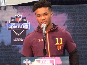 Oklahoma University quarterback Kyler Murray today at his news-conference podium at Indiana Convention Center in downtown Indianapolis, at NFL Scouting Combine. (John Kryk Photo)