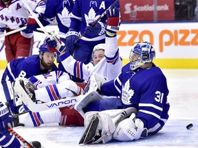 New York Rangers' Brendan Lemieux (48) raises his arms in jubilation after the puck gets past Maple Leafs goaltender Frederik Andersen during third-period NHL hockey action in Toronto on Sat., March 23, 2019. (FRANK GUNN/THE CANADIAN PRESS)