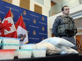 On display, some of the $5 million in drugs seized as part of Project Discard, a four-month long investigation into the largest methamphetamine production operation ever investigated by York Regional Police at YRP Headquaters on Friday, March 22, 2019. (Dave Abel/Toronto Sun/Postmedia Network)