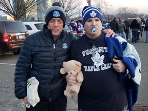 Islanders fan Mike O'Donnell sports one of the most creative satirical costumes: An old-school night cap, a Tavares sweater with a blanket over his shoulder, blue pyjamas bottoms, a teddy bear and a soother in his mouth.