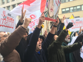 Supporters of Pakistan during a protest out front of the India Consulate at 365 Bloor St. E. in Toronto on Saturday, Feb. 23, 2019. (Joe Warmington/Toronto Sun/Postmedia.com)