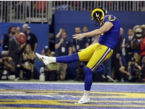 Los Angeles Rams' Johnny Hekker makes a 65-yard punt during the second half of the NFL Super Bowl 53 football game against the New England Patriots, Sunday, Feb. 3, 2019, in Atlanta.