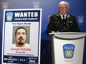 Peel Regional Police interim Chief Chris McCord speaks about the murder of Niagara chapter Hells Angels member Michael Deabaitua-Schulde, 32, who was shot to death March 11 outside a Mississauga gym, on March 14, 2019. Joseph Pallotta is wanted on a Canada-wide warrant for first-degree murder. (Jack Boland/Toronto Sun)