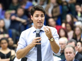 Prime Minister Justin Trudeau participates in a town hall question-and-answer event at Lakehead University in Thunder Bay, Ont., Friday, March 22, 2019. (THE CANADIAN PRESS/David Jackson)