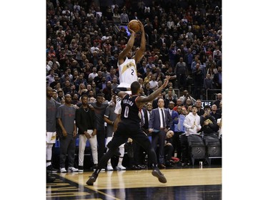 Toronto Raptors Kawhi Leonard SF (2) fires up the winning shot at the end of the fourth quarter in Toronto, Ont. on Friday March 1, 2019. Jack Boland/Toronto Sun/Postmedia Network