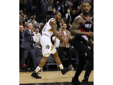 Toronto Raptors Kawhi Leonard SF (2) is pumped after draining  winning shot at the end of the fourth quarter in Toronto, Ont. on Friday March 1, 2019. Jack Boland/Toronto Sun/Postmedia Network