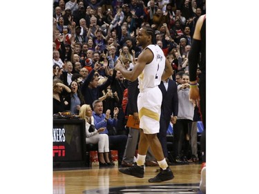 Toronto Raptors Kawhi Leonard SF (2) is pumped after draining  winning shot at the end of the fourth quarter in Toronto, Ont. on Friday March 1, 2019. Jack Boland/Toronto Sun/Postmedia Network