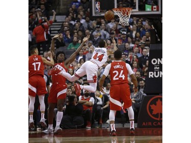 Chicago Bulls Brandon Sampson SG (44) is blocked by Toronto Raptors OG Anunoby SF (3) during the second half in Toronto, Ont. on Tuesday March 26, 2019. Jack Boland/Toronto Sun/Postmedia Network