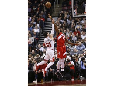 Toronto Raptors Serge Ibaka C (9) blocks a shot by Chicago Bulls Ryan Arcidiacono PG (51) during the second half in Toronto, Ont. on Tuesday March 26, 2019. Jack Boland/Toronto Sun/Postmedia Network