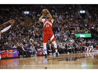 Toronto Raptors Norman Powell SF (24) drains a three of his 20 points in the second half in Toronto, Ont. on Tuesday March 26, 2019. Jack Boland/Toronto Sun/Postmedia Network