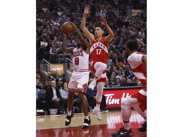 Toronto Raptors Jeremy Lin PG (17) guards against Chicago Bulls Zach LaVine PG (8) during the first quarter in Toronto, Ont. on Tuesday March 26, 2019. Jack Boland/Toronto Sun/Postmedia Network