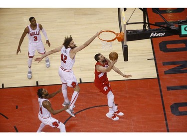 Toronto Raptors Marc Gasol C (33) scores during the second quarter in Toronto, Ont. on Wednesday March 27, 2019. Jack Boland/Toronto Sun/Postmedia Network