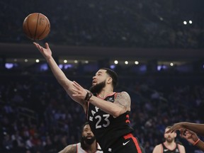 Toronto Raptors' Fred VanVleet (23) drives past New York Knicks' DeAndre Jordan (6) during the first half of an NBA basketball game Thursday, March 28, 2019, in New York. (AP Photo