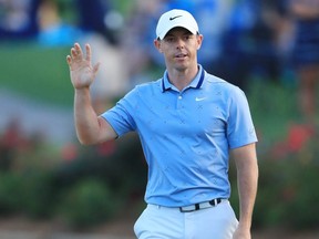Rory McIlroy reacts after a birdie on the 17th green during the second round of The Players Championship on The Stadium Course at TPC Sawgrass in Ponte Vedra Beach, Fla., on Friday, March 15, 2019.