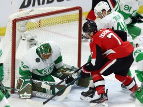 After Toronto's 6-2 loss to the Ottawa Senators on Saturday night, Maple Leafs goaltender Garret Sparks, pictured here making a save, said the team needs to show more emotion. (Fred Chartrand/The Canadian Press)